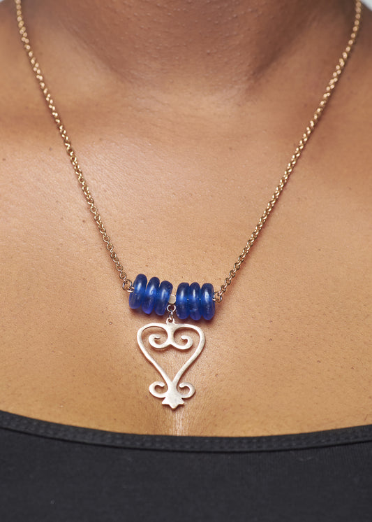 Handmade African Earrings & Adinkra Sankofa Pendant With Cobalt Blue Beads - alternate view