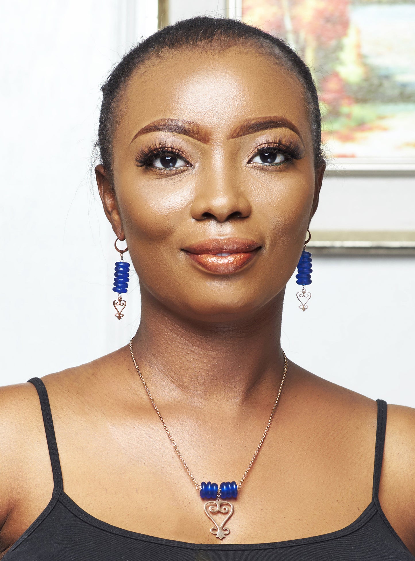 Handmade African Earrings & Adinkra Sankofa Pendant With Cobalt Blue Beads - close-up