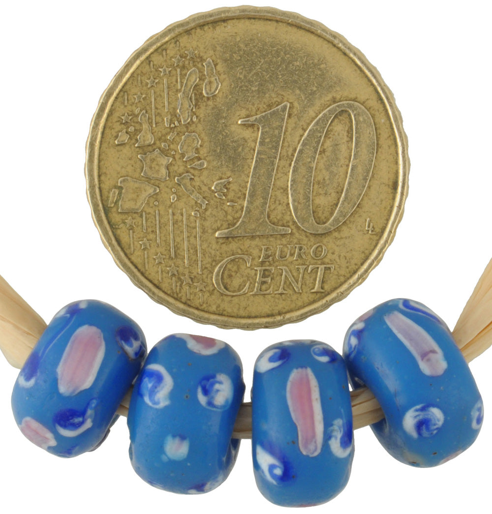 Rare Antique Blue Fancy Disk Venetian Glass Trade Beads With Trail Decoration - close-up