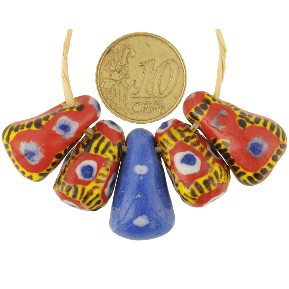 New Large Polychrome Kiffa Glass African Trade Beads - 5 Pieces