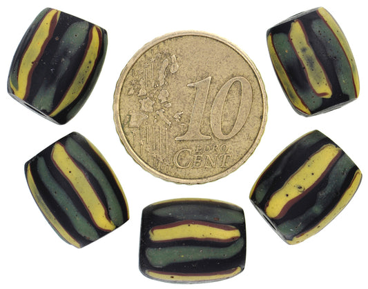 Antique Striped Black Venetian Wound Glass Trade Beads, 13X10Mm, African Trade - alternate view