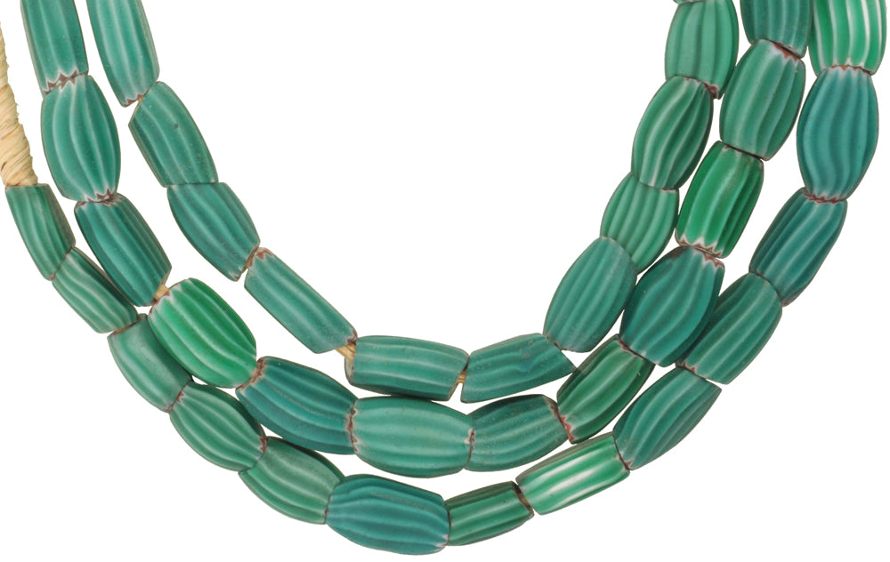 Strand Of Tabular Green Chevron Beads | Antique Venetian Trade - zoomed-in detail