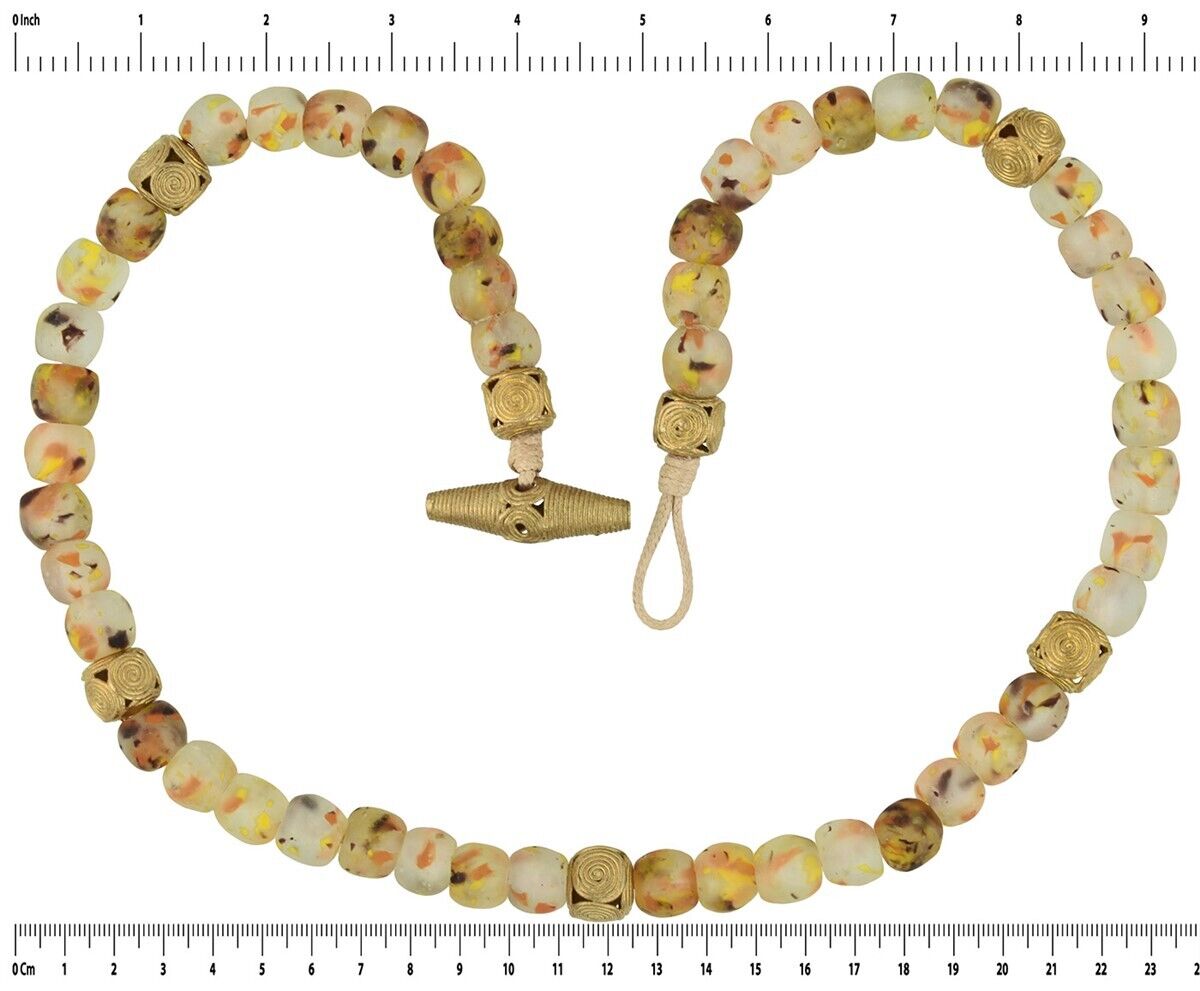 Handmade Necklace Brass With Glass Beads African Jewelry Krobo Ghana - angled shot