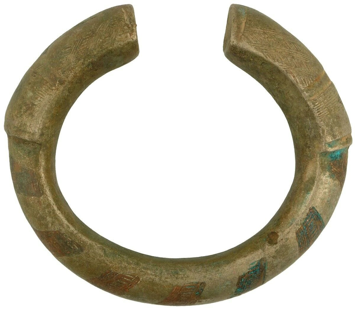 Old Brass Copper Bracelet Currency Ghana / Fulani African Ethnic Jewelry - zoomed-in detail