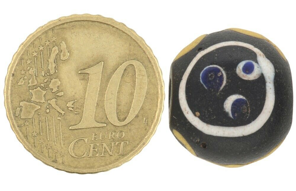 Old African Trade Bead Baule Face Venetian Glass Bead Black Fancy Lampwork Rare - close-up
