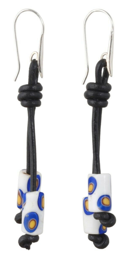 Antique African Trade Beads Millefiori Earrings 925 Sterling Silver Leather Boho - alternate view