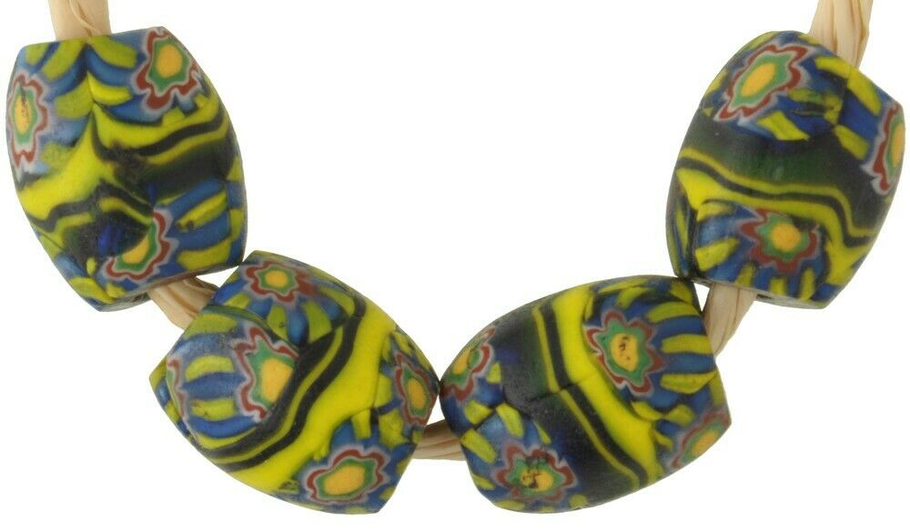 Rare Antique Banded Oval Millefiori Venetian Mosaic Glass Trade Beads - zoomed-in detail
