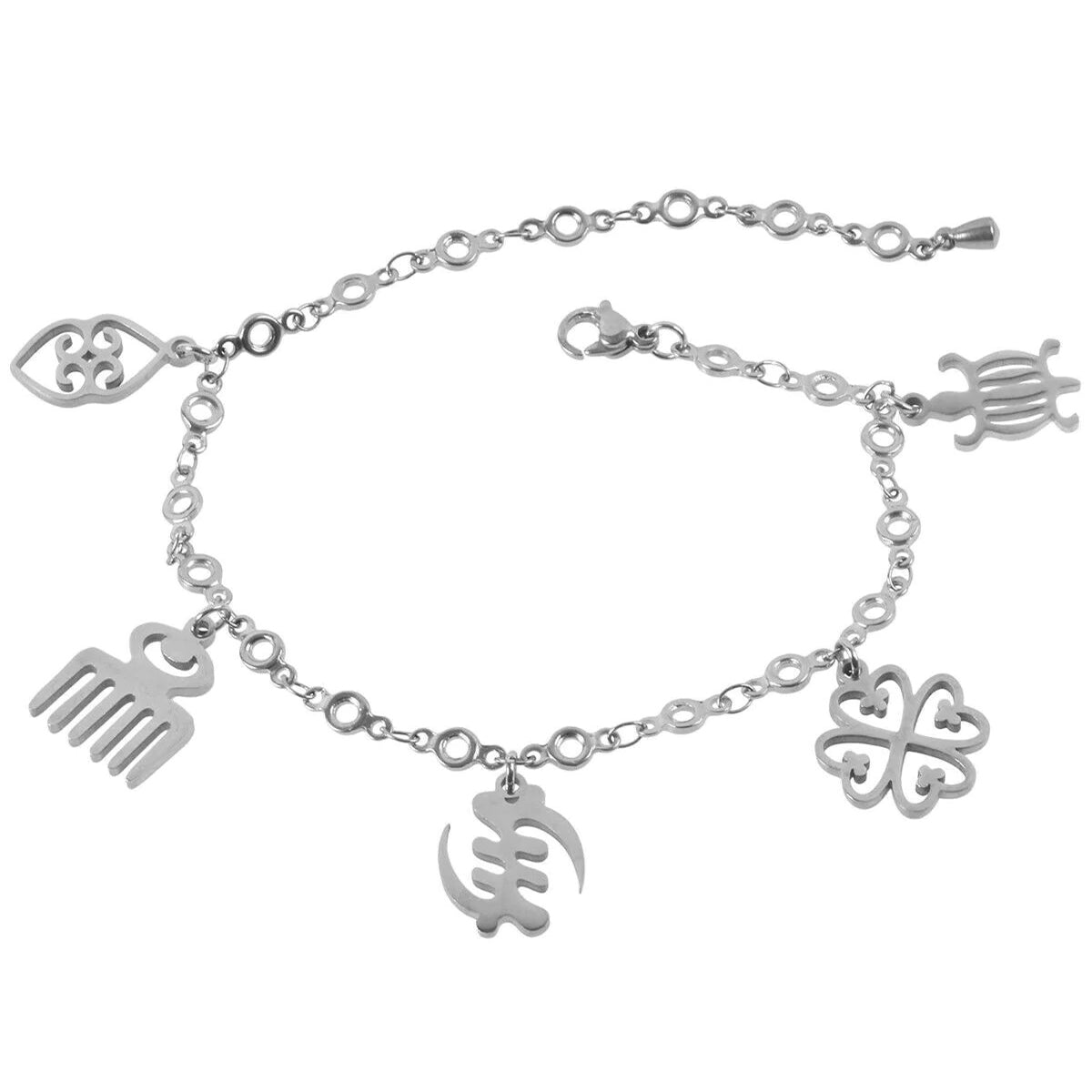 Adjustable stainless steel bracelet with 5 Adinkra charms: Asase Ye Duru, Duafe, Gye Nyame, Nyame Dua & Denkyem. Elegant Ghanaian heritage jewelry.