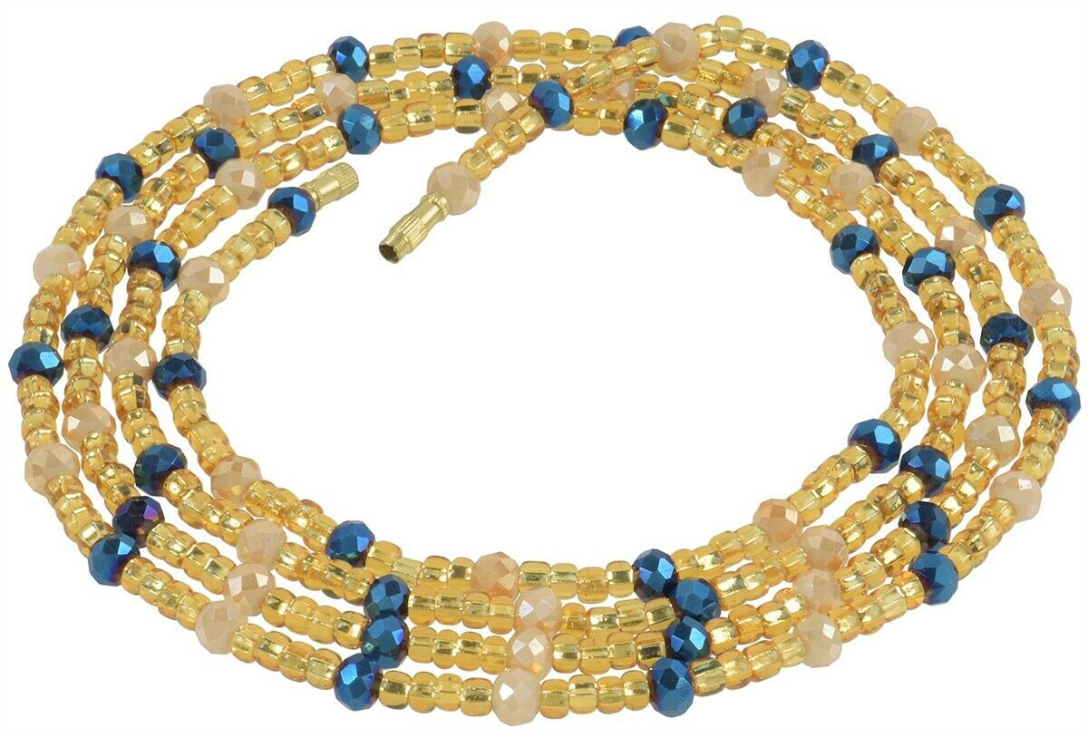 Screw Clasp Golden & Blue Handmade African Waist Beads with Sand Accents