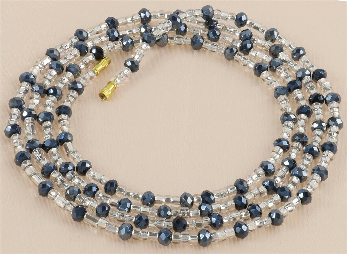 Screw Clasp Deep Black and Clear Glass with Inner Silver Lining African Waist Beads