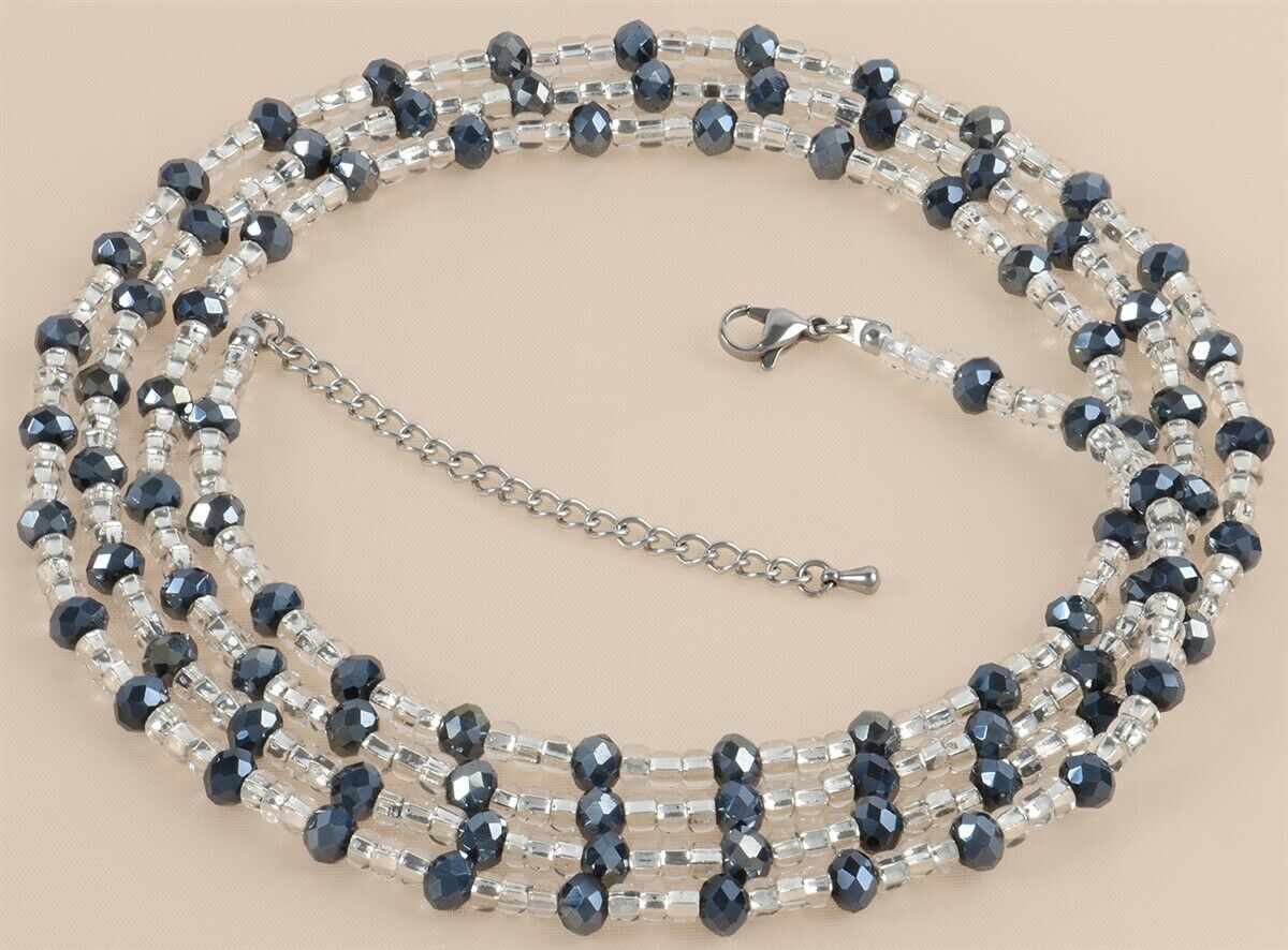 Extension Chain Deep Black and Clear Glass with Inner Silver Lining African Waist Beads
