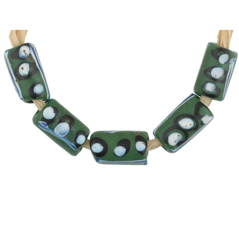 Antique Green Venetian Lampwork Trade Beads With Trail Decoration