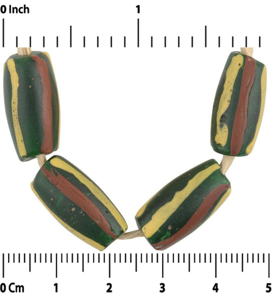 Antique Striped Green Venetian Lampwork African Trade Beads - angled shot