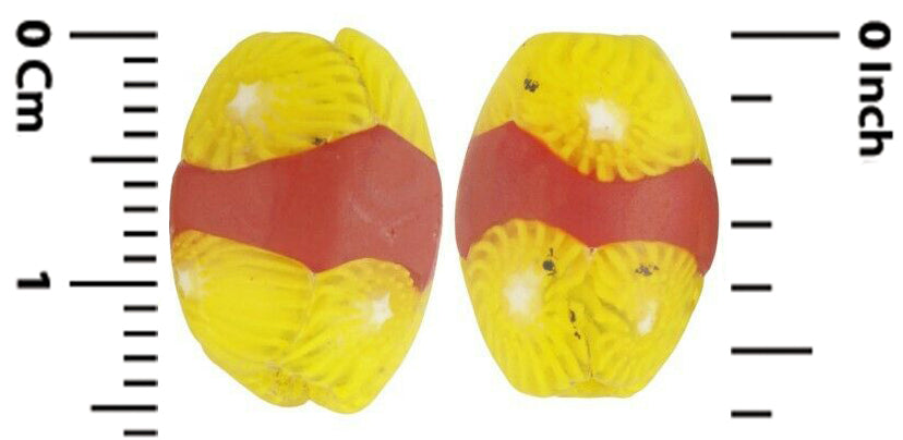 Antique Red Banded Oval Millefiori Venetian Mosaic Glass Trade Beads - zoomed-in detail