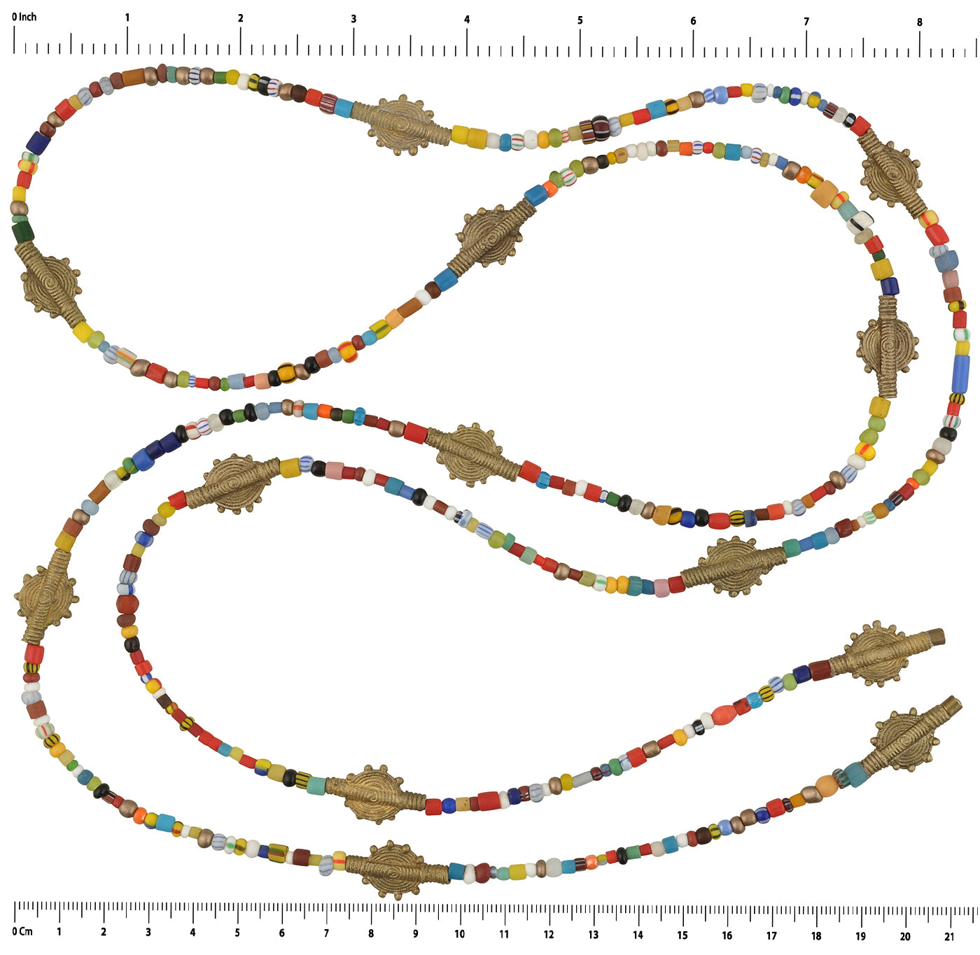 Old Christmas Glass Seed Beads Lariat Necklace African Brass Handmade Jewelry - angled shot