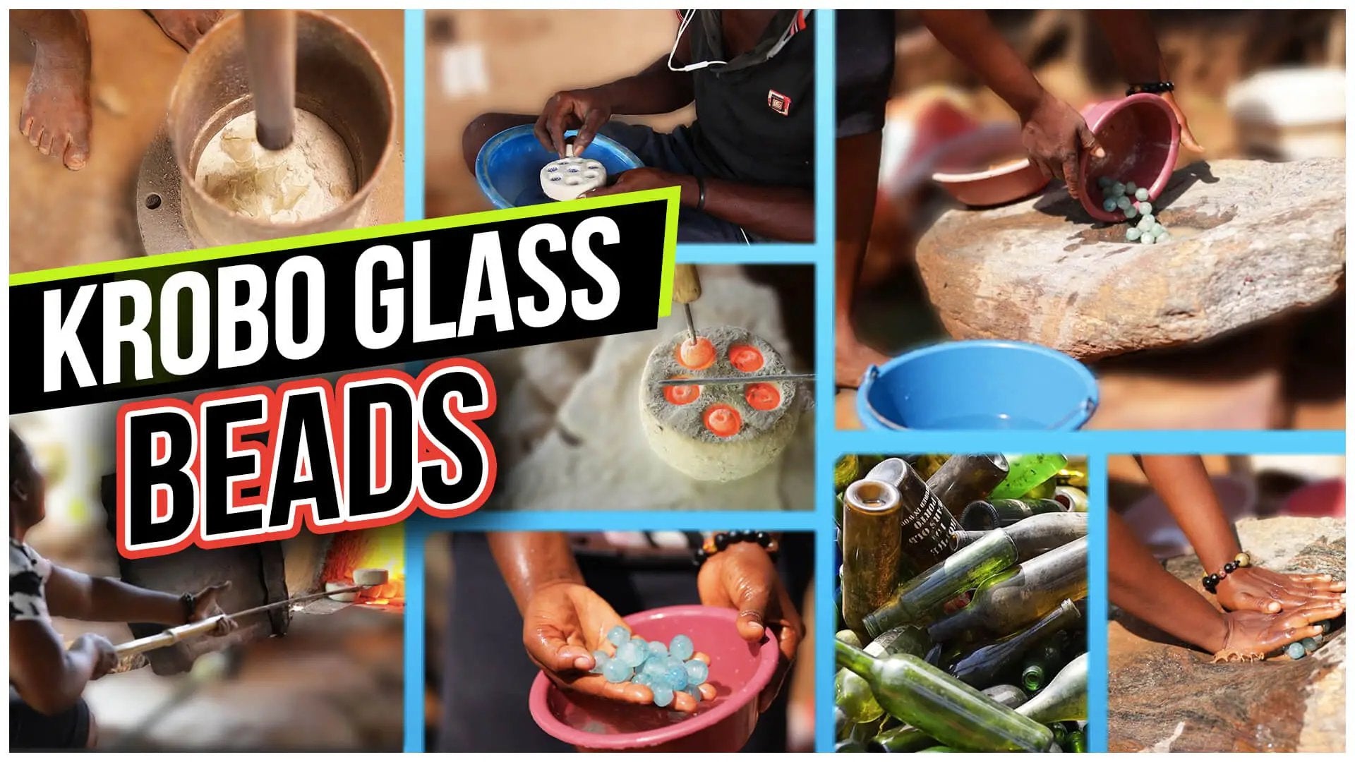 Charger la vidéo : Perles en poudre en verre recyclé africain faits à la main au Ghana par les habitants de Krobo en utilisant la technique traditionnelle de fabrication de perles. Des matières premières en verre brisé aux perles polies à la main pour créer des bijoux perlés incroyables.