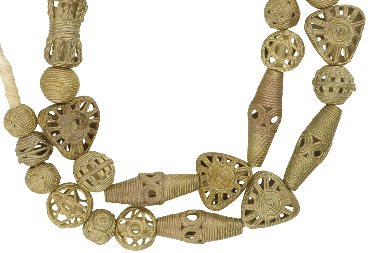 Beautiful African Tabular Brass Beads Handmade In Ghana - 24" Strand - close-up