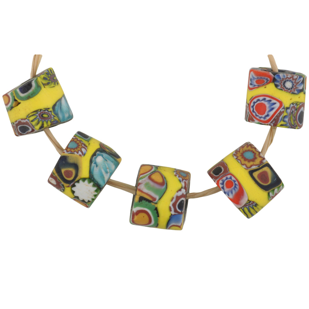 Rare Yellow Banded Millefiori Mosaic Glass Trade Beads, 12-13Mm