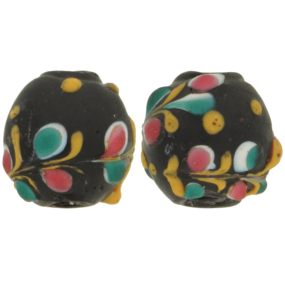 Rare Antique Black Floral Venetian Glass Trade Beads Pair - 12Mm