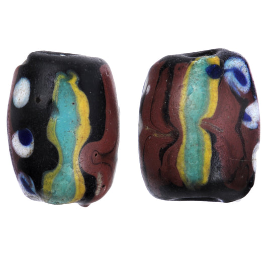 Rare Antique Black Fancy Venetian Wound Glass Trade Beads - 11X8Mm