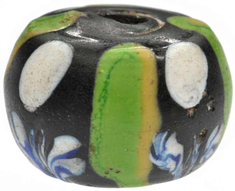 Rare Antique Black Fancy Venetian Lampwork Glass Trade Bead - 14X10Mm - close-up