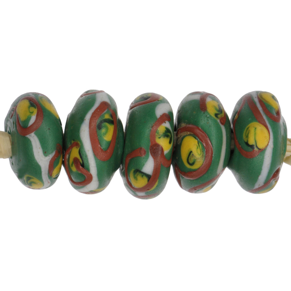 Rare Antique Green Fancy Venetian Wound Lampwork Glass Trade Beads - 10Mm