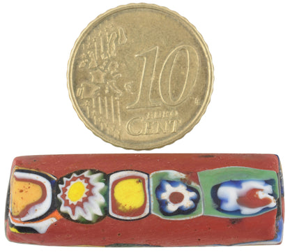 Rare Antique Red Venetian Millefiori Mosaic Glass Trade Bead 37X12Mm - close-up