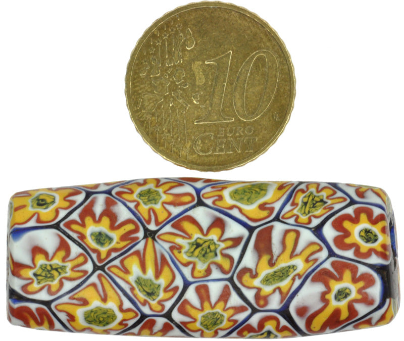 Rare Old Large Curved Tabular Venetian Millefiori Mosaic Glass Trade Bead - close-up