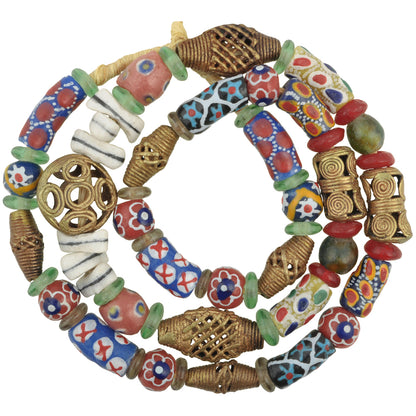 African Trade Beads Strand - Krobo Glass & Brass Beads 10-20Mm