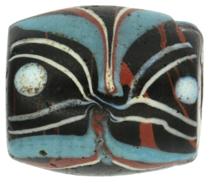 Rare Antique Black Fancy Venetian Lampwork Bead With Trail Decoration - close-up