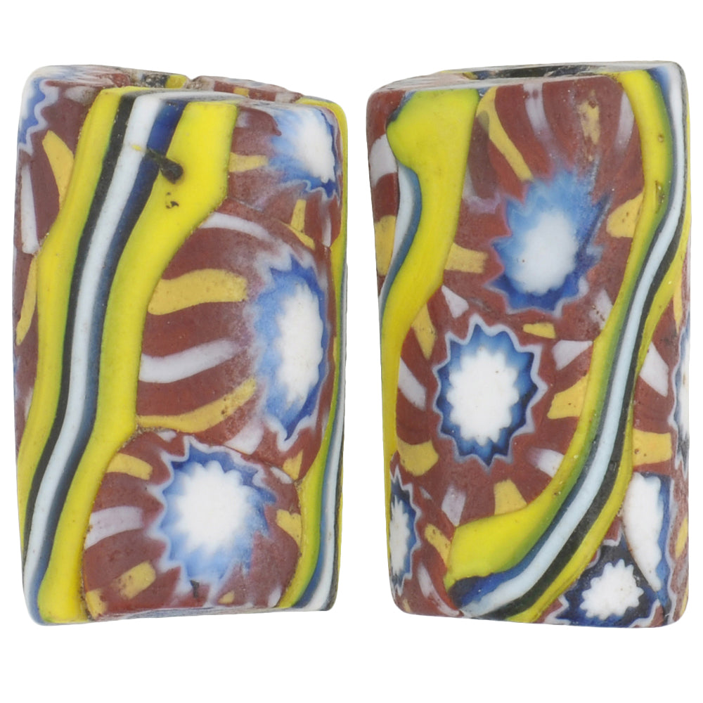 Antique Rare Millefiori Venetian Mosaic Glass Trade Beads, 18X10Mm Pair