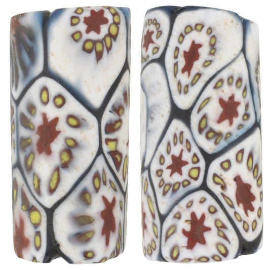 Antique Venetian Millefiori Mosaic Glass Trade Beads Pair, 22X10Mm