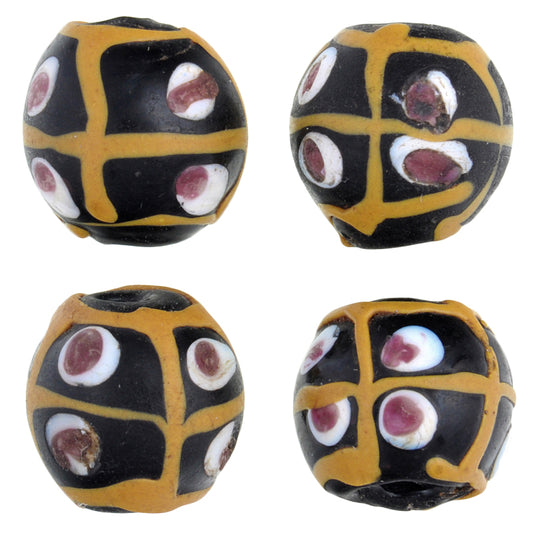 Antique Black "Eye" Fancy Venetian Glass Trade Beads, 12X11Mm