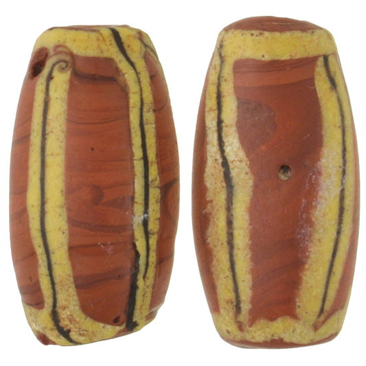 Antique Striped Brick Venetian Lampwork Glass Trade Beads Pair, 20X10Mm