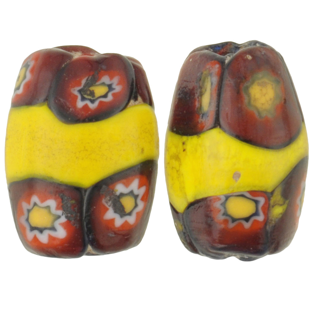 Rare Antique Banded Oval Millefiori Mosaic Glass Trade Beads, African Trade