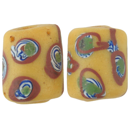 Antique Eye Fancy Venetian Lampwork Glass Trade Beads Pair, 13X11Mm