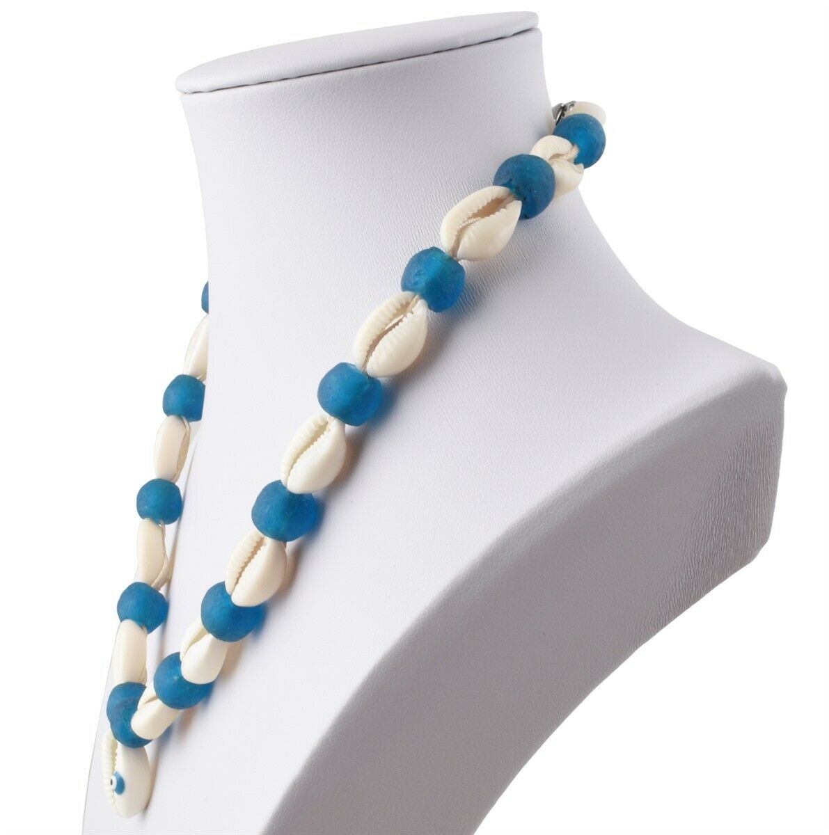Handmade Recycled Glass Beads Cowrie Shell Necklace Africa Ghana Beach Jewelry - alternate view
