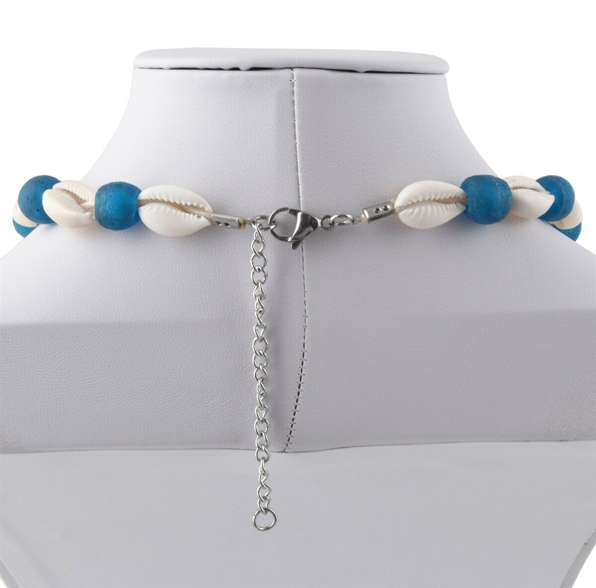 Handmade Recycled Glass Beads Cowrie Shell Necklace Africa Ghana Beach Jewelry - close-up