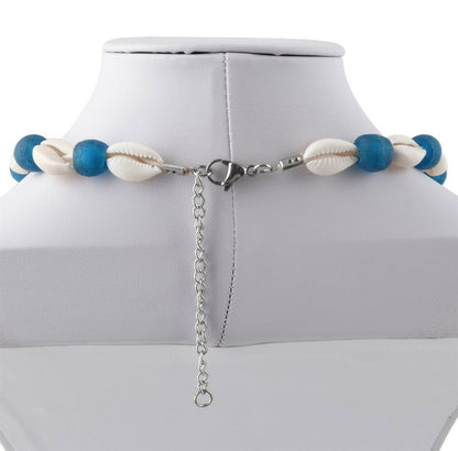 Handmade Recycled Glass Beads Cowrie Shell Necklace Africa Ghana Beach Jewelry - close-up