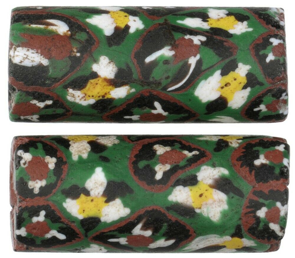 African Trade Beads Old Millefiori Venetian Glass Beads Rare Murano Mosaic Pair