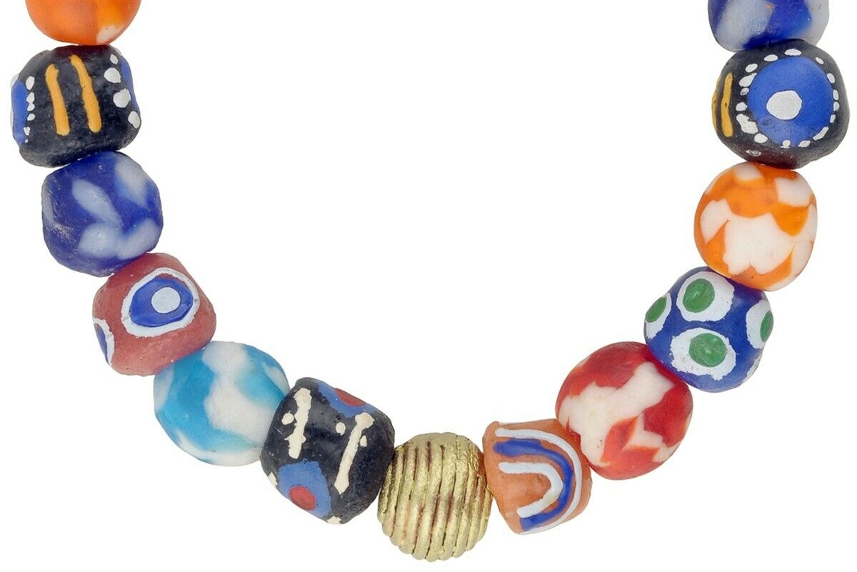 Handmade Beaded Bracelet - African Glass & Brass Beads - surface close-up