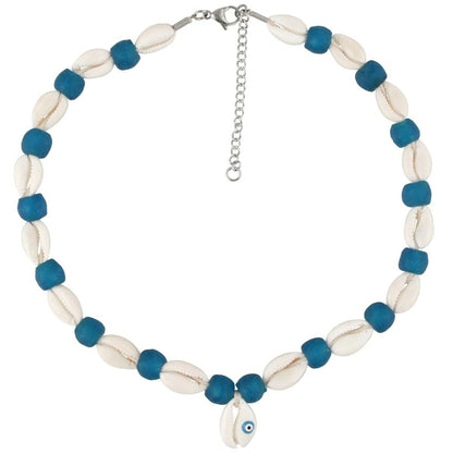 Handmade Recycled Glass Beads Cowrie Shell Necklace Africa Ghana Beach Jewelry - zoomed-in detail