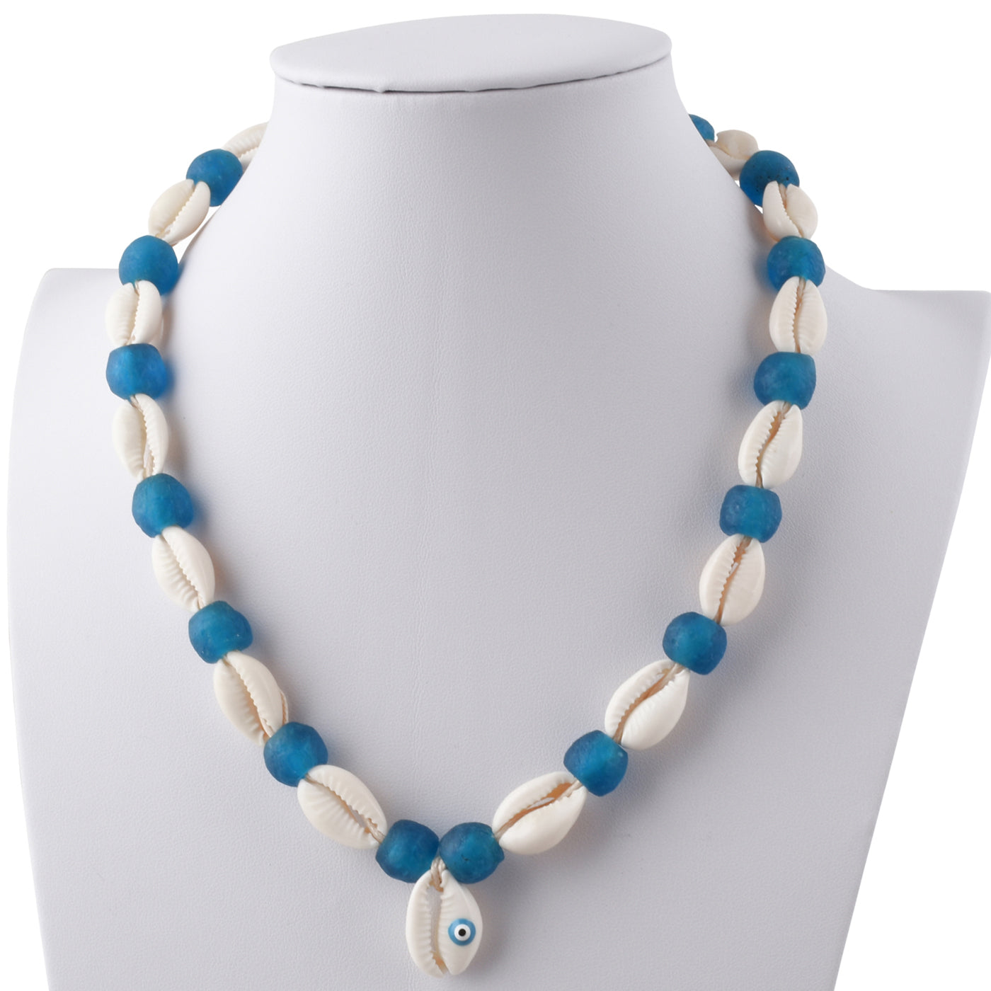 Handmade Recycled Glass Beads Cowrie Shell Necklace Africa Ghana Beach Jewelry