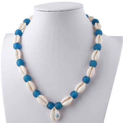 Handmade Recycled Glass Beads Cowrie Shell Necklace Africa Ghana Beach Jewelry