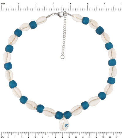 Handmade Recycled Glass Beads Cowrie Shell Necklace Africa Ghana Beach Jewelry - angled shot
