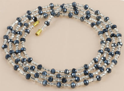 Screw Clasp Deep Black and Clear Glass with Inner Silver Lining African Waist Beads
