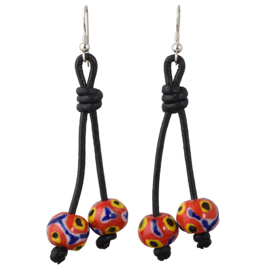 African Trade Beads Handmade Kiffa Earrings 925 Sterling Silver Leather Boho