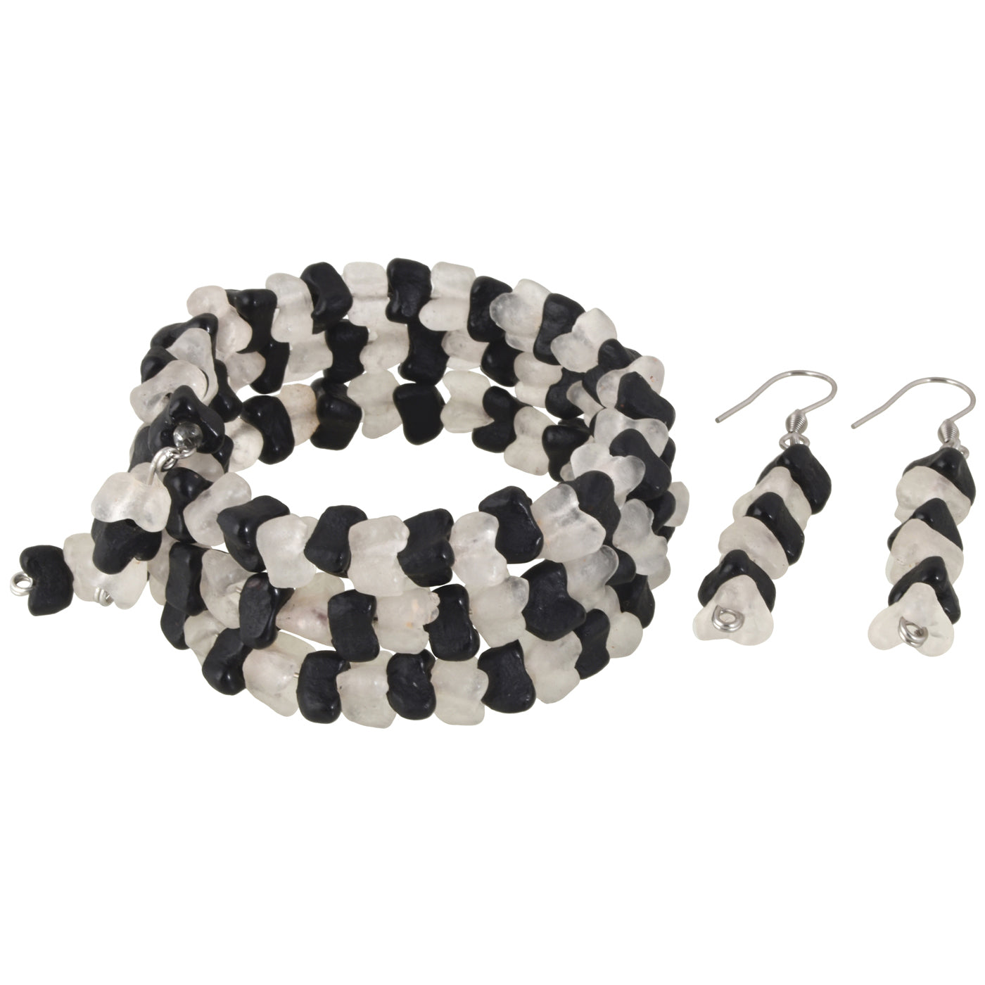 Black & White Krobo Beaded Bracelet & Earrings Set - TribalGH