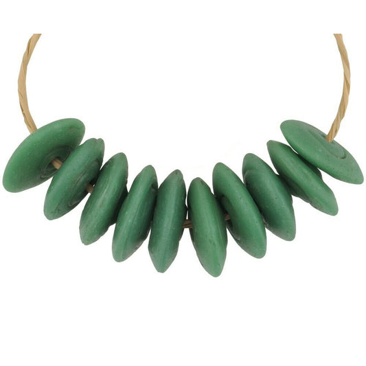 Antique Venetian Green Disk Glass Trade Beads - 14-15Mm