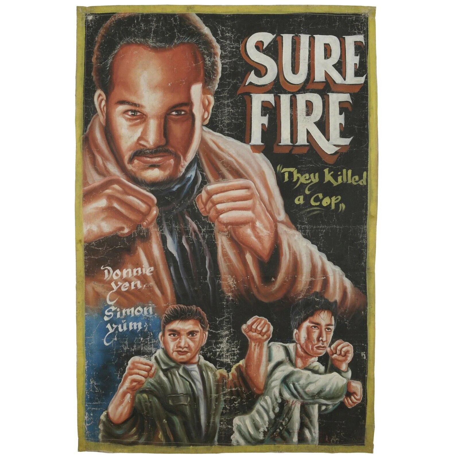 Authentic Sure Fire Martial Art Ghana Hand-Painted Movie Poster - Cynthia Rothrock and Donnie Yen action scene